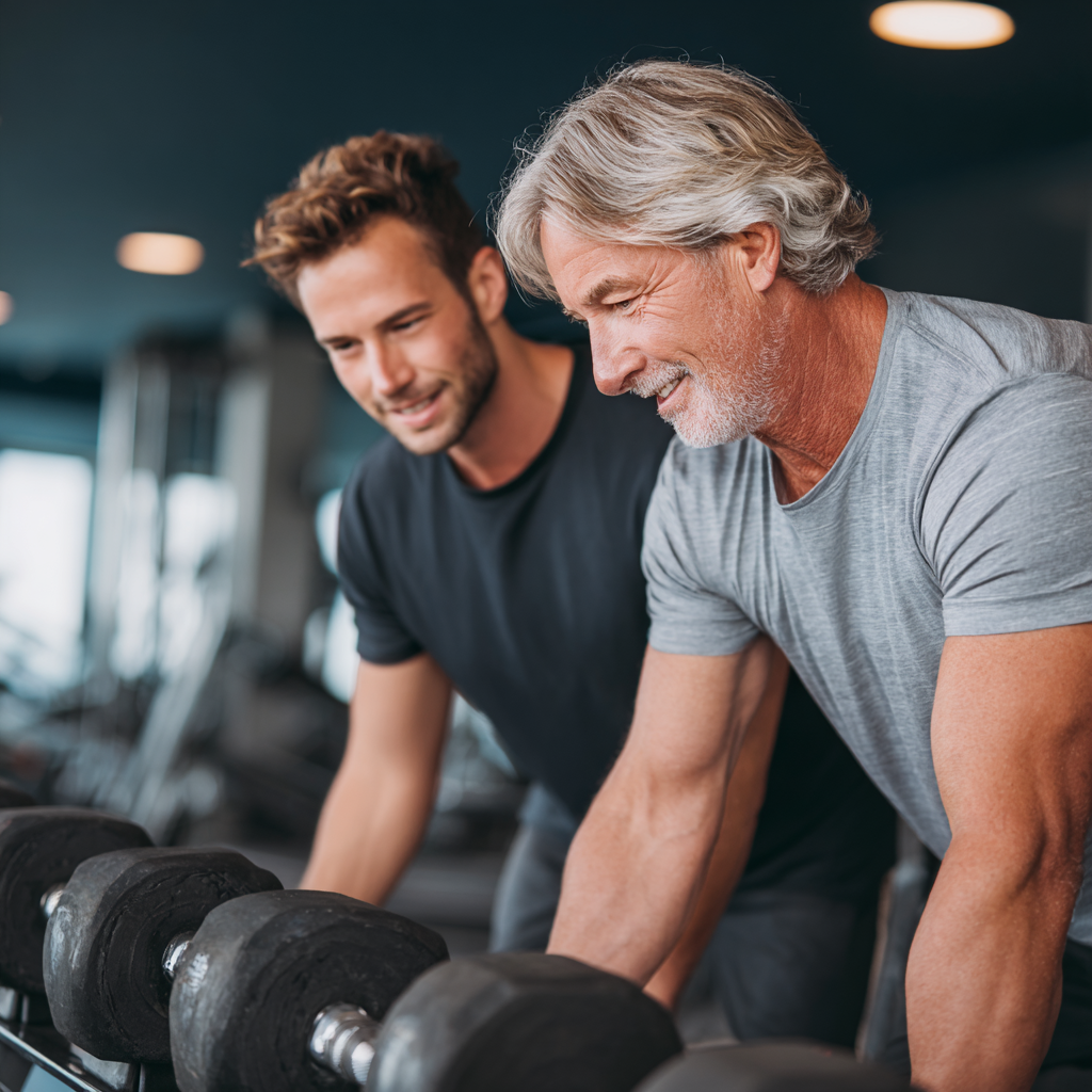 Experienced fitness trainer working with mature adult in modern gym environment