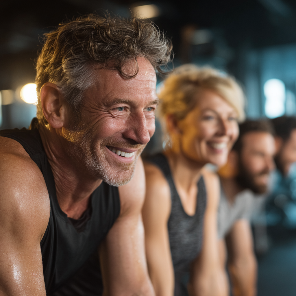 Middle-aged fitness enthusiasts enjoying group workout session together
